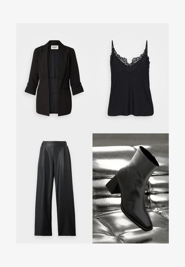 Zwarte blazer met een notch kraag, driekwartmouwen en opgerolde manchetten. Heeft twee voorkanten zakken en een gladde binnenvoering.; Zwarte camisole met kant langs de halslijn en de bandjes; zachte stof met een vloeiende ontwerp voor een relaxte pasvorm.; Zwarte wijde nepleren broek met hoge taille, knoopdetails op de tailleband en plooien aan de voorkant.; Zwarte enkellaarsjes van glanzend materiaal met een vierkante neus en taps toelopende hak, afgezet tegen een glanzende zilveren gecapitonneerde achtergrond.