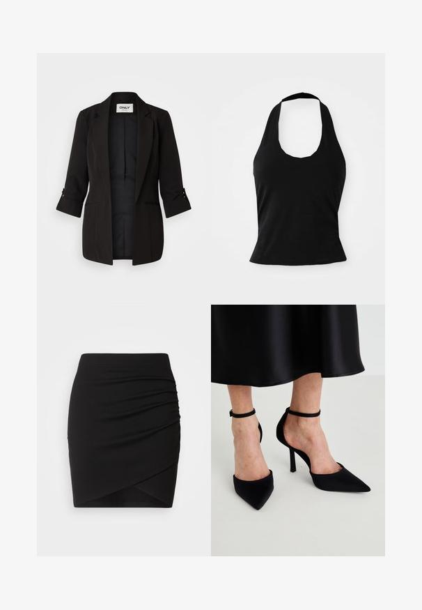 Schwarzer Blazer mit einem Reverskragen, Dreiviertelärmeln und umgeschlagenen Manschetten. Verfügt über zwei Vorderaschen und ein glattes Innenfutter.; Schwarzes Halftertop aus weichem Stoff, mit einem U-Bootausschnitt und einer figurschmeichelnden Silhouette, glatter Textur und ohne sichtbare Muster.; Schwarzer Minirock aus dehnbarem Material, mit einem gerafften Design und einem Wickelschnitt, glatter Textur und taillierter Passform.; Schwarze spitze High Heels aus glattem Stoff mit einem Stiletto-Absatz und einem schmalen Knöchelriemen, mit einem offenen Seitendesign.