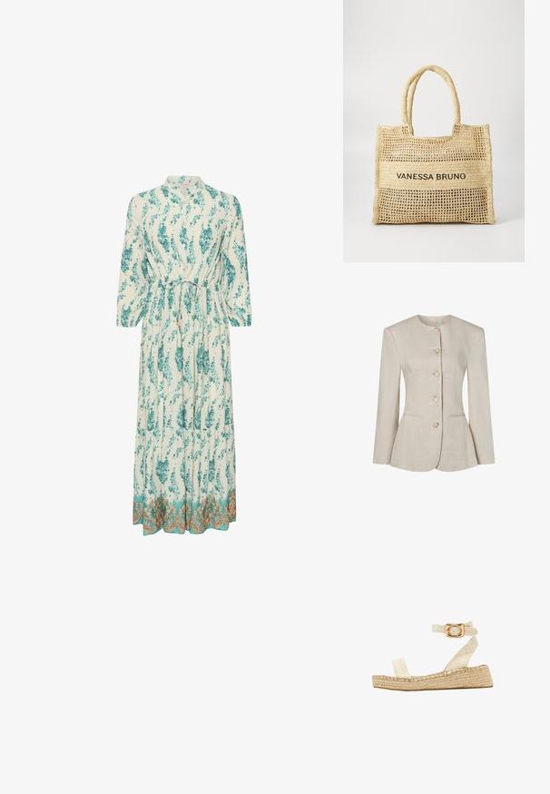 Beige Leinenblazer für Damen mit rundem Halsausschnitt, langen Ärmeln, fünf vorderen Knöpfen und zwei dezenten Vordertaschen.; Langes, leichtes Kleid mit floralem Muster in Türkis und Weiß. Es hat einen hohen Ausschnitt, lange Ärmel und einen dekorativen goldenen Saum.; South Beach TWO PART - Espadrille - cream; Beige gewebte Tragetasche mit zwei Griffen und "VANESSA BRUNO" in Schwarz auf einem einfarbigen gewebten Feld in der Mitte aufgedruckt.