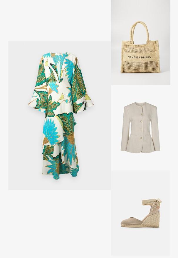 Beige linnen damesblazer met ronde halslijn, lange mouwen, vijf knopen aan de voorkant en twee subtiele zakken aan de voorkant.; Lange, vloeiende jurk met een diepe V-hals, klokmouwen en levendige tropische bladvormen in teal, goud en groen op een lichte achtergrond.; Beige espadrille-wedge met een textiele bovenkant, een gevlochten jute hak en een lint dat om de enkel gestrikt kan worden voor een veilige pasvorm.; Beige geweven draagtas met twee handvatten en "VANESSA BRUNO" in het zwart gedrukt op een solide geweven paneel in het midden.