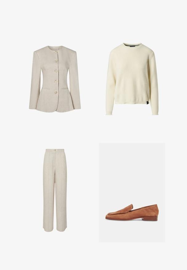 Beige Leinenblazer für Damen mit rundem Halsausschnitt, langen Ärmeln, fünf vorderen Knöpfen und zwei dezenten Vordertaschen.; Cremefarbener gerippter Strickpullover mit langen Ärmeln, rundem Ausschnitt und kontrastierendem schwarzem Logoetikett auf der unteren linken Seite. Strukturiertes Oberflächendetail.; Beige Leinenhose mit hoher Taille, ausgestattet mit einem Knopfverschluss vorne, zwei Seitentaschen und einem entspannten, geraden Schnitt.; Brauner Wildleder-Loafer mit geflochtenem Besatz, flachem Holzabsatz und Schlupfdesign, seitlich vor weißem Hintergrund gezeigt.