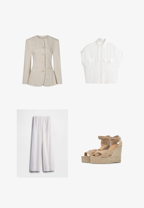 Veste pour femme en lin beige avec col rond, manches longues, cinq boutons sur le devant et deux poches discrètes à l'avant.; Chemise blanche à manches courtes avec boutons, col et deux poches avant à rabat, présentée sur un fond blanc uni.; Pantalon blanc ample avec taille élastique et jambes larges et droites, présenté sur un fond blanc uni.; Sandales compensées beiges avec talons plateforme tissés, brides croisées sur les orteils et brides de cheville ajustables avec boucles.