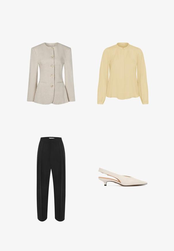 Beige hørblazer til kvinder med rund halsudskæring, lange ærmer, fem knapper foran og to diskrete forlommer.; Langærmet beige bluse med rund krave, plisserede detaljer nær skuldrene og knaplukning ved manchetterne på en ensfarvet baggrund.; Sorte brede bukser med høj talje, der har en glat tekstur og to frontfolder. Designet med en ren, skræddersyet form.; Kremfarvet slingback sko med spids tå og lav, buet kitten-hæl, vist fra siden på en hvid baggrund.