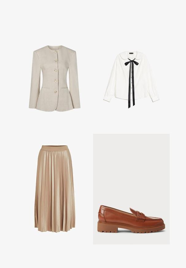 Veste pour femme en lin beige avec col rond, manches longues, cinq boutons sur le devant et deux poches discrètes à l'avant.; Blouse blanche à manches longues avec col Peter Pan, nœud en satin noir au cou et boutons en perles à l'avant.; Jupe midi plissée en satin beige clair. Dotée d'une large taille élastique et de plis verticaux élégants sur toute sa longueur.; Mocassins en cuir marron avec un design à bout mocassins, coutures visibles et une semelle en caoutchouc épaisse et texturée. Accent en métal doré.