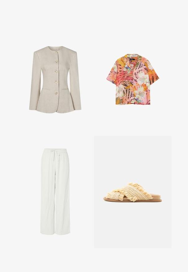 Blazer de lino beige para mujer con escote redondo, mangas largas, cinco botones frontales y dos bolsillos delanteros discretos.; Camisa de manga corta con botones y patrones vibrantes de flores y hojas tropicales en tonos rosa, naranja, blanco y verde.; Pantalones de pierna ancha en gris claro, confeccionados en una suave tela texturizada. Cuentan con una cinturilla elástica con cordón ajustable para un ajuste personalizable.; Sandalia tipo slip-on con suela plana y tiras cruzadas de paja beige tejida con bordes desflecados, presentada sobre un fondo blanco.