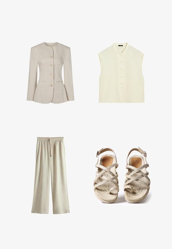 Beige hørblazer til kvinder med rund halsudskæring, lange ærmer, fem knapper foran og to diskrete forlommer.; Ærmeløs offwhite bluse med mandarin-krave og frontstykke med to lodrette rækker af små knapper.; Beige bukser med vidde og elastik i taljen samt justerbar snor, lavet af let stof til afslappet brug.; Beige flettede sandaler med krydsremdesignet, lavet af teksturerede naturlige fibre, med flad sål og justerbar ankelrem.