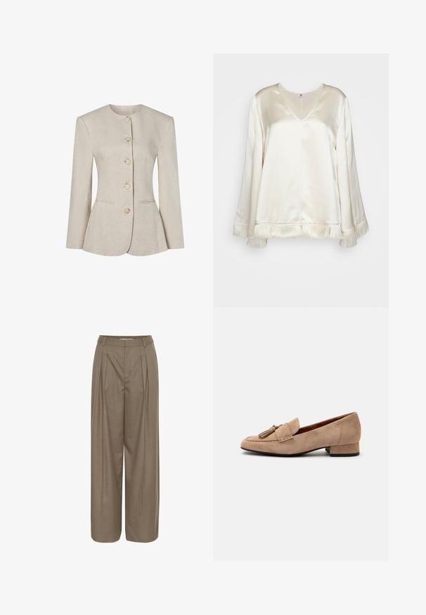 Beige hørblazer til kvinder med rund halsudskæring, lange ærmer, fem knapper foran og to diskrete forlommer.; By Malene Birger EXCLUSIVE AVELAS - Bluse - pearl; Plisserede bukser med bred ben i en lys brun stof, med en struktureret talje og en glat tekstur, designet til komfort og alsidighed.; Beige ruskind loafer med lav hæl og kvastdekoration foran samt rundet tå, vist fra siden på en hvid baggrund.