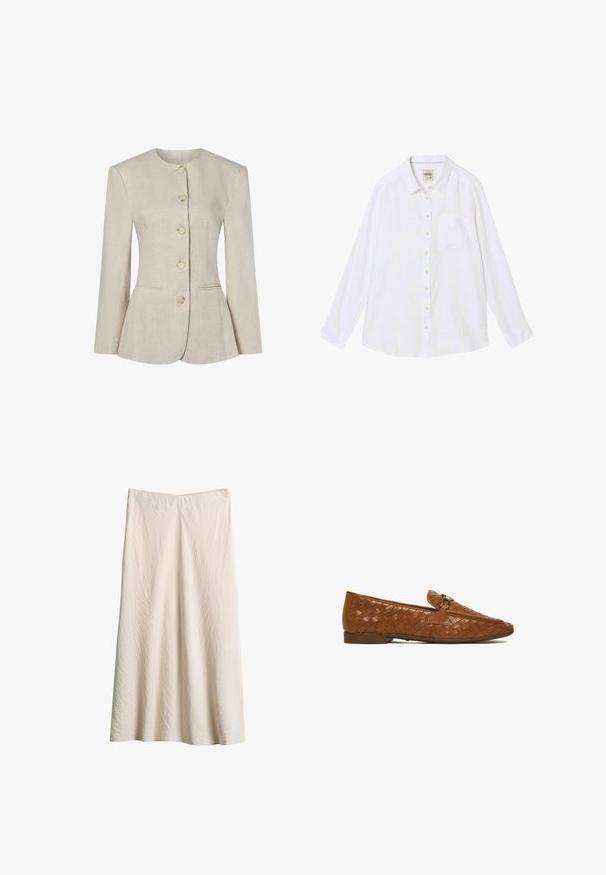 Veste pour femme en lin beige avec col rond, manches longues, cinq boutons sur le devant et deux poches discrètes à l'avant.; Chemise blanche à manches longues avec boutons, col et poche poitrine, présentée à plat sur un fond blanc.; Jupe crème, longueur au genou, en tissu texturé. Elle présente une large ceinture et une coupe évasée avec une silhouette fluide.; Mocassin en cuir tressé marron avec petit talon et détail de boucle métallique sur le dessus, vu de côté sur fond blanc.