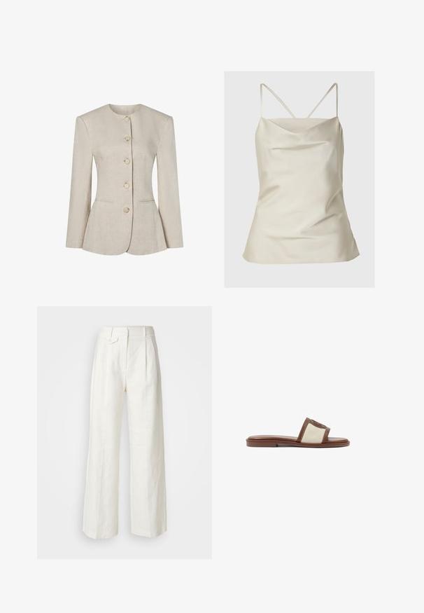Veste pour femme en lin beige avec col rond, manches longues, cinq boutons sur le devant et deux poches discrètes à l'avant.; Camisole en satin de couleur beige clair, avec un décolleté drapé et de fines bretelles ajustables. Texture lisse avec une coupe légèrement ample.; Pantalons larges en lin blanc avec des plis sur le devant, une fermeture à un bouton et des poches latérales, présentant une texture lisse et un design structuré.; Sandale à glisser en cuir marron avec une tige tissée beige, semelle plate et bout arrondi. Le design inclut un accent logo sur la sangle.