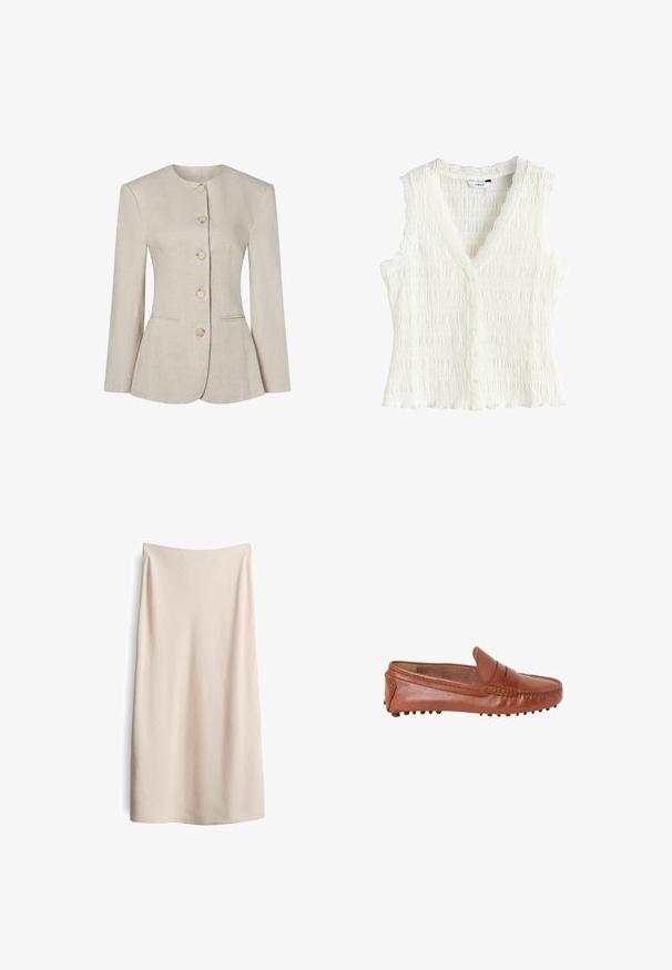 Beige Leinenblazer für Damen mit rundem Halsausschnitt, langen Ärmeln, fünf vorderen Knöpfen und zwei dezenten Vordertaschen.; Ärmellose weiße Bluse mit Raffung, Spitzenbesatz, V-Ausschnitt und Knopfverschluss vorne.; Beige, knielanger Rock mit glatter Textur und geradem Schnitt. Keine sichtbaren Nähte oder Verschlüsse, mit einem klaren, minimalistischen Design.; Brauner Leder-Slipper mit Pennyriemen-Detail und Gummiknöpfen an der Sohle für besseren Halt, von der Seite gezeigt.