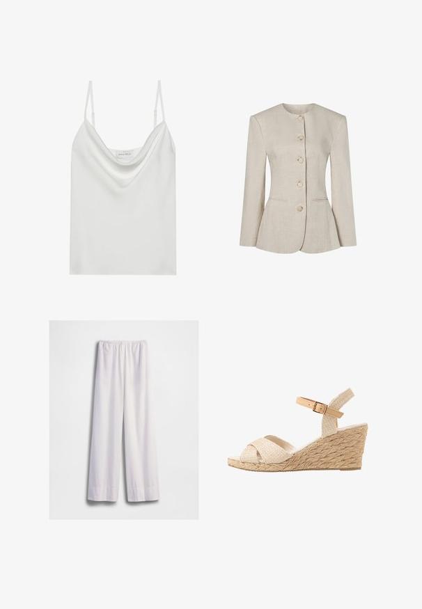 Veste pour femme en lin beige avec col rond, manches longues, cinq boutons sur le devant et deux poches discrètes à l'avant.; Camisole en satin blanc avec un décolleté drapé, des fines bretelles réglables et une base droite. L'étiquette "ANNA FIELD" est visible à l'intérieur.; Pantalon blanc ample avec taille élastique et jambes larges et droites, présenté sur un fond blanc uni.; Sandale compensée en espadrille tissée beige avec une tige en tissu texturé, des brides croisées et une sangle de cheville fixée par une boucle en ton doré.