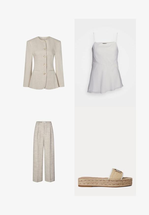 Veste pour femme en lin beige avec col rond, manches longues, cinq boutons sur le devant et deux poches discrètes à l'avant.; Haut blanc sans manches avec des bretelles fines, une coupe décontractée et un design asymétrique. Fabriqué dans un tissu lisse et léger.; Pantalons taille haute gris clair en tissu texturé, avec des jambes larges et deux plis à l'avant. Comprend une fermeture à bouton à l'avant et des passants de ceinture.; Sandale plate à enfiler avec semelle plateforme en jute tressée et bride beige texturée ornée d'un petit emblème décoratif en argent.