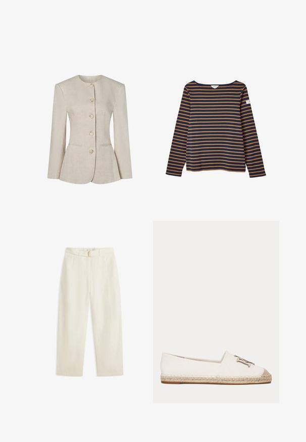 Beige hørblazer til kvinder med rund halsudskæring, lange ærmer, fem knapper foran og to diskrete forlommer.; Langærmet skjorte med horisontale striber i marineblå og brun, bådudskæring og lille stoflabel på venstre ærme.; Bukser med brede ben i cremelige farver med bæltestropper og et matchende stofbælte med en guldfarvet oval spænde.; Hvid lærreds espadrille sko med flettet jutebund og metallisk dekorativt emblem foran.