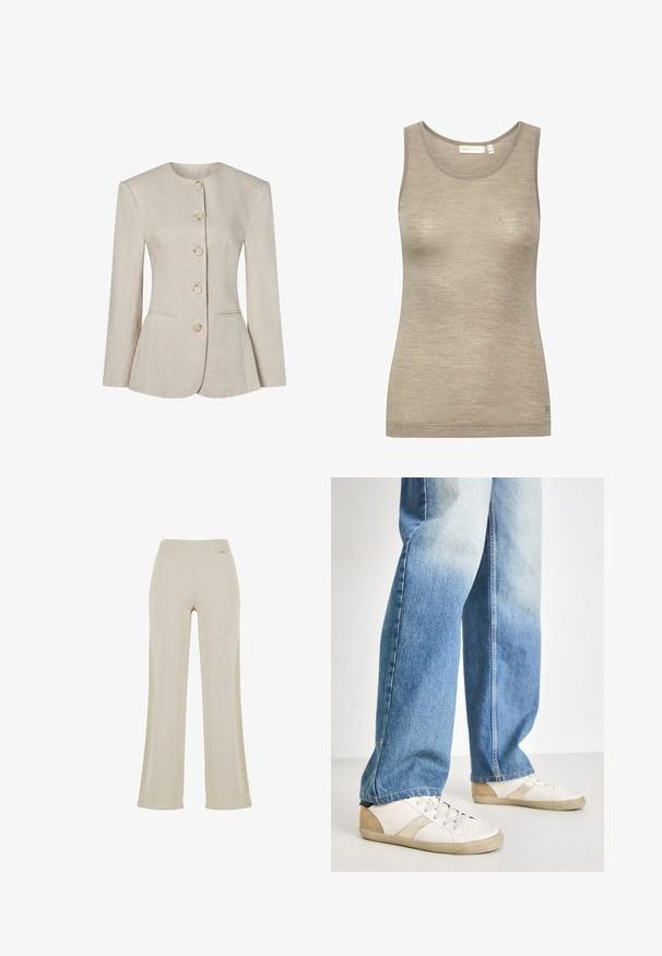 Blazer de lino beige para mujer con escote redondo, mangas largas, cinco botones frontales y dos bolsillos delanteros discretos.; Top sin mangas color beige hecho de un suave tejido texturizado, con un escote redondo y un diseño ligeramente ajustado con detalles de costura mínimos.; Pantalones de pierna ancha beige con una suave textura acanalada, cinturilla elástica y sin adornos visibles, que ofrecen una silueta relajada.; Zapatillas blancas con detalles beige y textura, combinadas con unos jeans de mezclilla azul claro, ligeramente desgastados y de corte relajado.