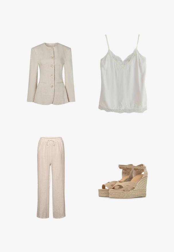 Beige hørblazer til kvinder med rund halsudskæring, lange ærmer, fem knapper foran og to diskrete forlommer.; Hvid ærmeløs camisole med tynde stropper og blondekant på udskæringen og kanten, lavet af glat stof.; Linnedbukser i lys beige med elastisk talje og snøre, der har en afslappet pasform og lige ben.; Beige kile-sandaler med flettede platåsko, krydsede stropper over tæerne og justerbare ankelstropper med spænder.