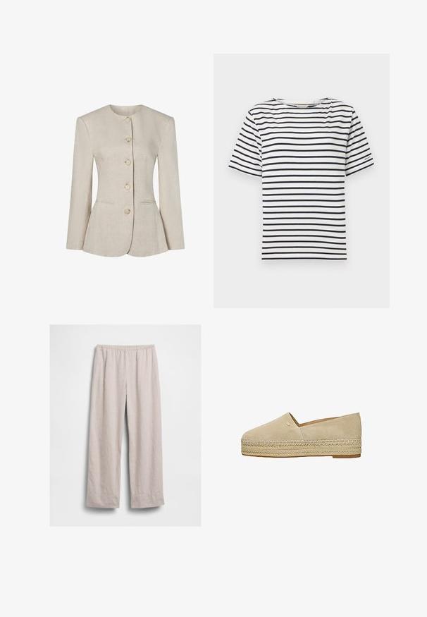 Veste pour femme en lin beige avec col rond, manches longues, cinq boutons sur le devant et deux poches discrètes à l'avant.; T-shirt blanc avec des rayures horizontales bleu marine, col rond, manches courtes et un petit logo sur la manche gauche. En matière coton.; Pantalon ample beige clair avec taille élastique, jambes droites et sans poches visibles, présenté à plat sur fond blanc.; Espadrille beige en daim à enfiler avec semelle plateforme en jute tressé et petit logo métallique sur le côté supérieur.