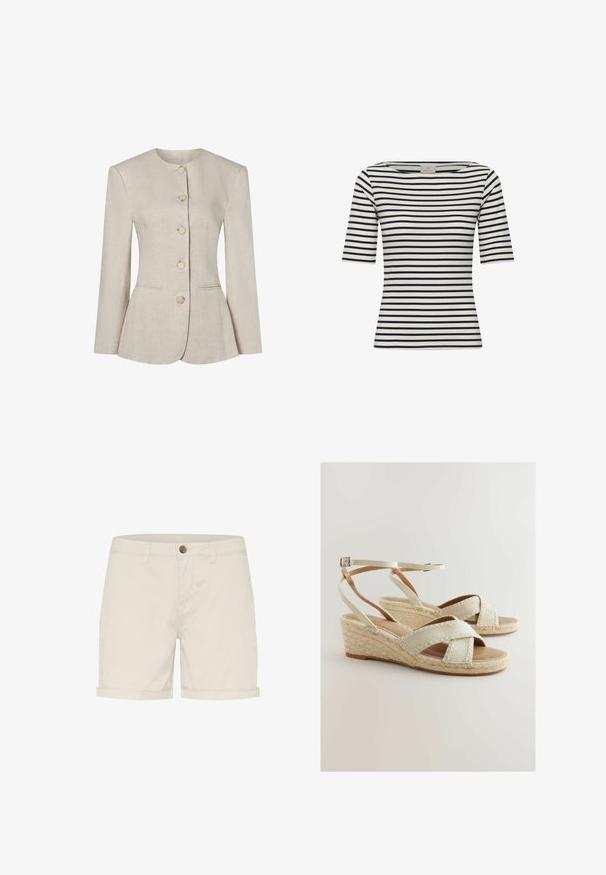 Beige Leinenblazer für Damen mit rundem Halsausschnitt, langen Ärmeln, fünf vorderen Knöpfen und zwei dezenten Vordertaschen.; Weißes Hemd mit schmalen schwarzen horizontalen Streifen, halblangen Ärmeln und weitem Rundhalsausschnitt.; Helle beige Baumwollshorts mit Knopfverschluss, umgeschlagenen Säumen und Seitentaschen. Glatte Textur und maßgeschneiderte Passform für Komfort.; Beige Espadrille-Wedges mit Kreuzriemen, gewebten Jute-Akzenten und einer gepolsterten Fußbett. Verstellbarer Knöchelriemen für eine optimale Passform.