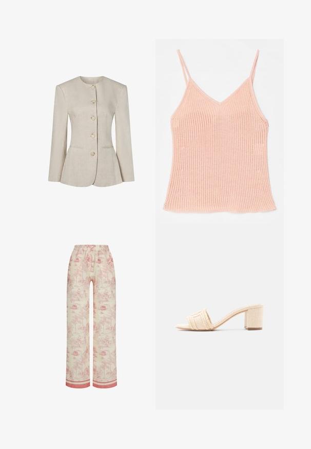 Beige Leinenblazer für Damen mit rundem Halsausschnitt, langen Ärmeln, fünf vorderen Knöpfen und zwei dezenten Vordertaschen.; Pfirsichfarbener, gestrickter Top, ausgestattet mit dünnen verstellbaren Trägern, einem V-Ausschnitt, gerippter Textur und einem geraden Saum.; Baumwollschlafanzughose mit einem hellbeigen Hintergrund, der ein rotes Toile-Muster zeigt, das ländliche Szenen darstellt. Elastischer Taillenbund und kontrastierender Saum.; Beige gewebter Mule mit offenem Zehenbereich, Blockabsatz und breitem Riemen über dem Fuß, auf hellem, schlichtem Hintergrund präsentiert.