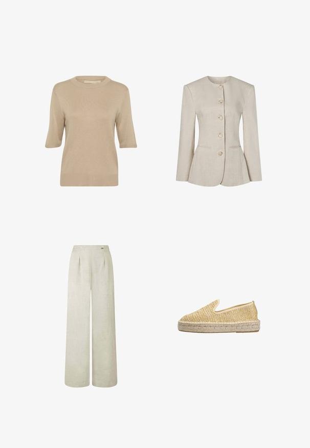 Beige linnen damesblazer met ronde halslijn, lange mouwen, vijf knopen aan de voorkant en twee subtiele zakken aan de voorkant.; Culture CUEBBA ANNEMETTE - Trui - tannin; Lichtbeige wijde broek van linnen, met een hoge taille, plooien en een gladde, licht gestructureerde stof.; Geweven espadrille instapschoen van natuurlijke vezels, met een geel-beige kleur, ronde neus en een touwachtige jute zool.