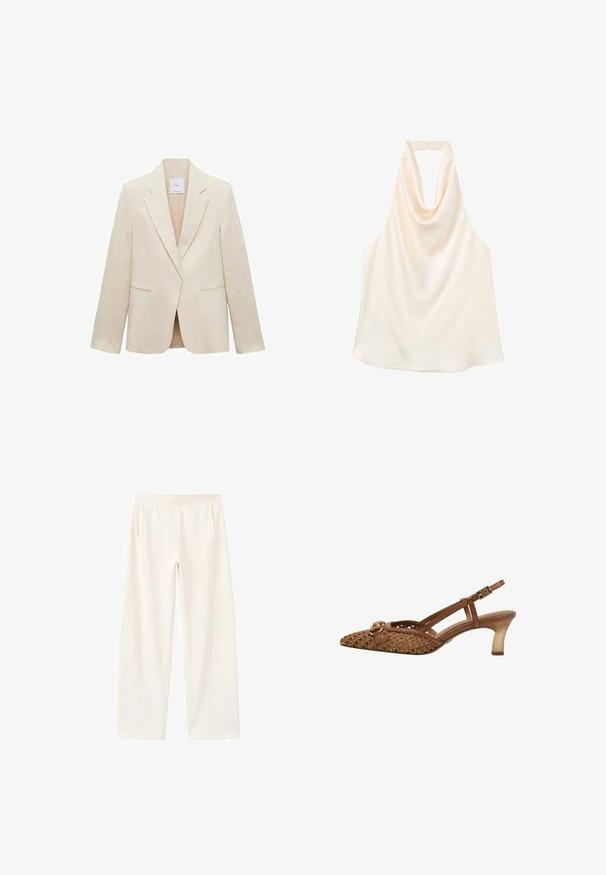 Blazer beige clair en lin, avec un col à revers, fermeture à un bouton, deux poches avant et une coupe ajustée.; Haut sans manches couleur crème avec un col bénitier drapé et une fermeture par agrafe dans le dos.; Pantalon ample couleur ivoire avec taille élastique et poches latérales, fabriqué dans un tissu doux et lisse.; Chaussure slingback tissée marron avec un bout pointu, des fines lanières, un accent de boucle décorative et un talon transparent de hauteur moyenne.