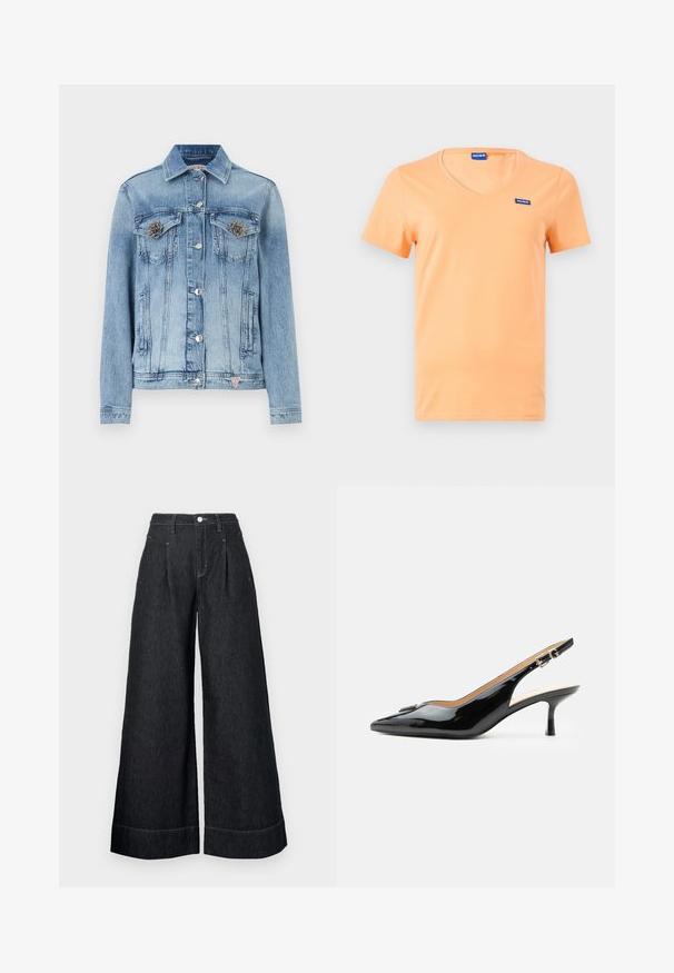 Hellblaue Jeansjacke mit silberfarbenen Blumenakzenten auf den Brusttaschen, Knopfverschluss und kontrastierenden Nähten. Klassischer Kragen und figurbetontes Design.; Herren T-Shirt mit kurzen Ärmeln, pfirsichfarben, mit V-Ausschnitt, kleinem blauem "HUGO" Logo-Tag auf der Brust und am Kragen vor weißem Hintergrund.; Schwarze Denim-Hosen mit weitem Bein und hoher Taille, mit vorderen Falten, einem Knopfverschluss und kontrastierenden Nähten an den Säumen.; Schwarzer Pumps mit Riemchen aus Lackleder, spitz zulaufender Zehenpartie, kleinem Kitten-Heel und silberner Schnalle auf weißem Hintergrund.