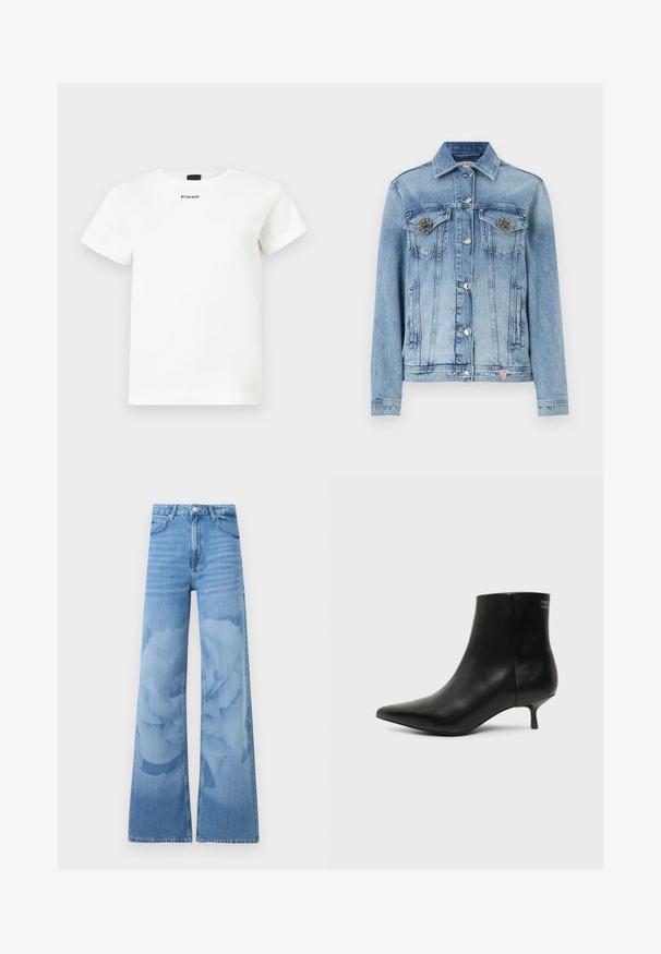 Veste en denim bleu clair avec des accents de fleurs en ton argent sur les poches poitrine, fermeture par boutons et surpiqûres contrastées. Col classique et coupe ajustée.; T-shirt blanc à manches courtes avec col rond, design minimaliste, et logo "PINKO" centré sous l'encolure.; Jean bleu clair à jambes larges avec taille haute, bouton à l'avant et poches, présentant un motif floral subtil lavé sur les jambes.; Bottine en cuir noir avec bout pointu et petit talon kitten sur fond clair, vue côté extérieur.
