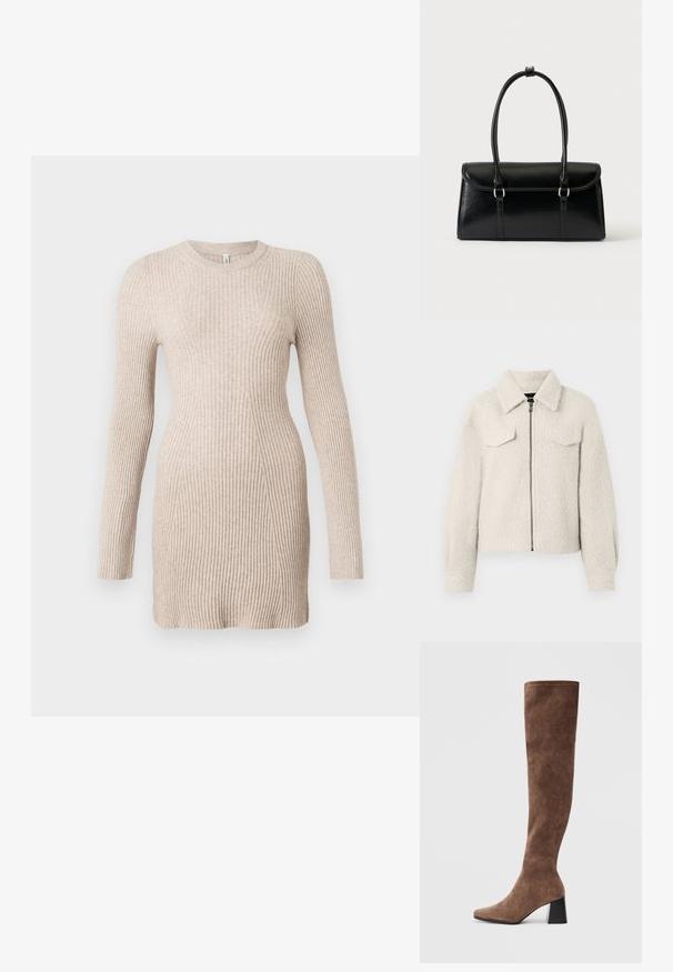 Veste texturée de couleur crème avec une fermeture éclair sur le devant, deux poches plaquées poitrine, des manches longues et un col replié.; Robe pull longue en tricot côtelé beige à manches longues, avec une taille cintrée et un col rond sur fond blanc.; Bottes marron au-dessus du genou en suede doux avec un bout pointu et un talon épais noir. Le design présente des coutures sans couture pour un look élégant.; Sac à main rectangulaire en cuir noir avec fermeture à rabat et deux longues anses sur fond blanc uni.
