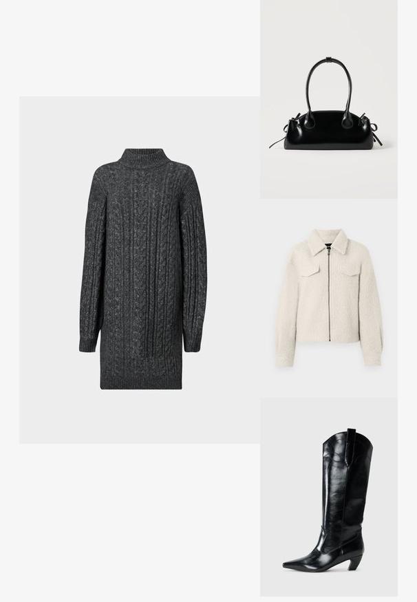 Veste texturée de couleur crème avec une fermeture éclair sur le devant, deux poches plaquées poitrine, des manches longues et un col replié.; Robe pull longue en tricot à côtes gris foncé avec un col montant, des poignets et un ourlet côtelés sur fond blanc.; Bottes en cuir noir montantes jusqu'au genou, avec une pointe effilée, un talon bas, et des détails de couture décoratifs sur les côtés. Fini lisse et brillant.; Petit sac à main noir brillant avec deux longues anses et des détails à cordon sur les côtés sur un fond clair uni.