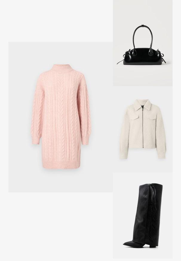 Cremefarbener, strukturierten Jacke mit einem Frontreißverschluss, zwei Brustklapptaschen, langen Ärmeln und einem umgeschlagenen Kragen.; Weiches pinkfarbenes Strickkleid mit langen Ärmeln sowie einem gerippten Stehkragen, Saum und Bündchen auf weißem Hintergrund.; Schwarzer kniehoher Lederstiefel mit spitzer Zehe und dekorativem Fransen entlang der Außenseite vor einem einfarbigen weißen Hintergrund.; Kleine schwarze glänzende Handtasche mit zwei langen Griffen und seitlichen Kordelzug-Details vor einfachem hellem Hintergrund.