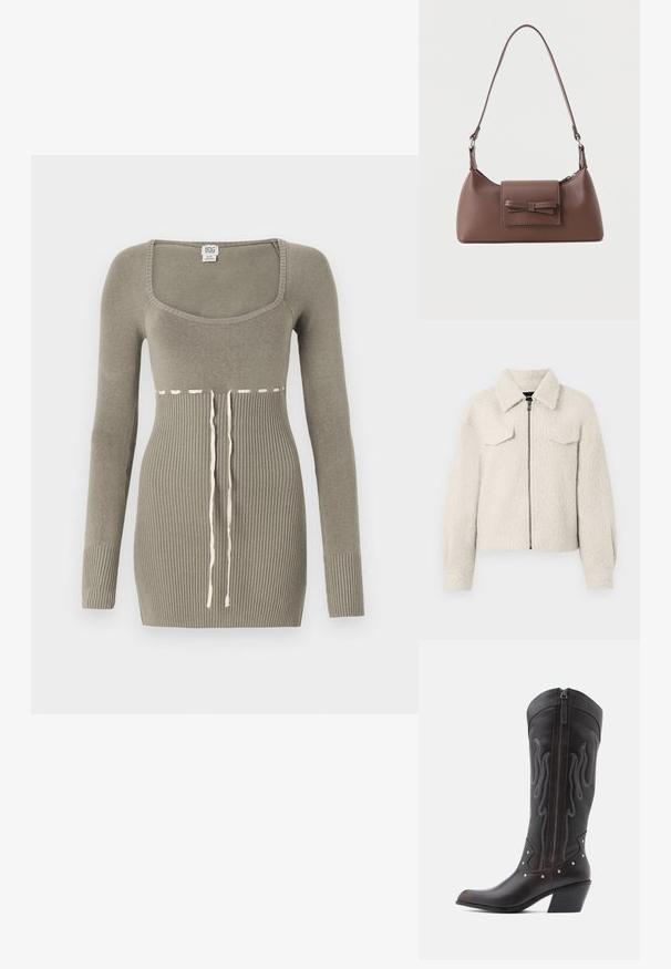 Veste texturée de couleur crème avec une fermeture éclair sur le devant, deux poches plaquées poitrine, des manches longues et un col replié.; Robe tricotée verte à manches longues, décolleté carré, texture côtelée sur le corps et détail de cordon à la taille en blanc contrastant.; Bottes de cowboy en cuir marron avec surpiqûres en forme de flammes, fermeture éclair latérale, clous argentés, bout pointu et talon superposé.; Sac à bandoulière en cuir marron avec une poche à rabat avant ornée d'un détail en forme de nœud cousu et une sangle réglable.