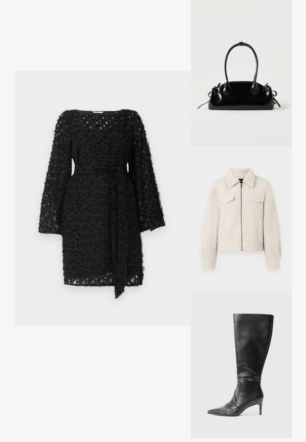 Cremefarbener, strukturierten Jacke mit einem Frontreißverschluss, zwei Brustklapptaschen, langen Ärmeln und einem umgeschlagenen Kragen.; Schwarzes Kleid aus strukturiertem Stoff mit floralem Muster, langen Ärmeln und einem gebundenen Gürtel in der Taille.; Schwarze kniehohe Lederstiefel mit schlankem Absatz, spitz zulaufender Spitze und Riemendetails am Knöchel. Glatte Textur und eng anliegendes Design.; Kleine schwarze glänzende Handtasche mit zwei langen Griffen und seitlichen Kordelzug-Details vor einfachem hellem Hintergrund.