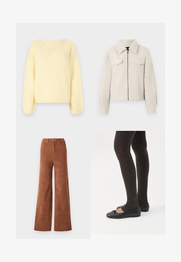 Crème-kleurige textuurjacket met een ritssluiting aan de voorkant, twee borstflapzakken, lange mouwen en een opstaande kraag.; JDY JDYDINEA L/S REVERSIBLE PULLOV. KNT NOOS - Trui - pastel yellow; Wijde corduroy broek in een rijke bruine kleur, met verticale ribbels, voorzakken en een knoopsluiting in de taille.; Benen met donkere geribbelde leggings gecombineerd met zwarte ballerina's met kleine strikdetails op een witte achtergrond.