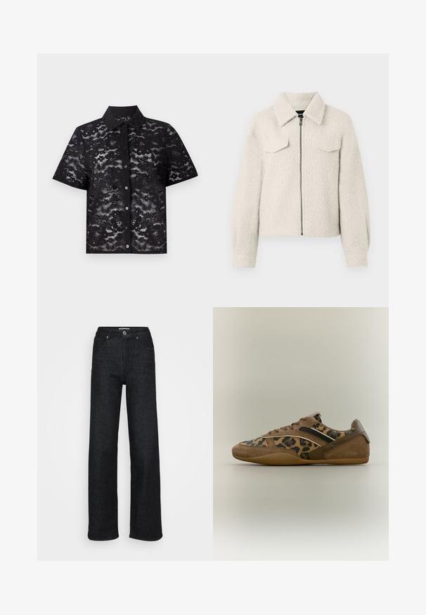 Cremefarbener, strukturierten Jacke mit einem Frontreißverschluss, zwei Brustklapptaschen, langen Ärmeln und einem umgeschlagenen Kragen.; Schwarzes kurzärmliges Hemd aus Spitze mit floralen Mustern, Knopfverschluss und spitzem Kragen. Halbtransparente Textur.; Weit geschnittene schwarze Denim-Jeans mit hoher Taille, mit einem Knopfverschluss vorne, fünf Taschen und einer glatten Textur.; Brauner Wildleder-Sneaker mit Leopardenmuster-Paneelen, schwarzem Streifendetail und Gummisohle, seitlich auf neutralem Hintergrund gezeigt.