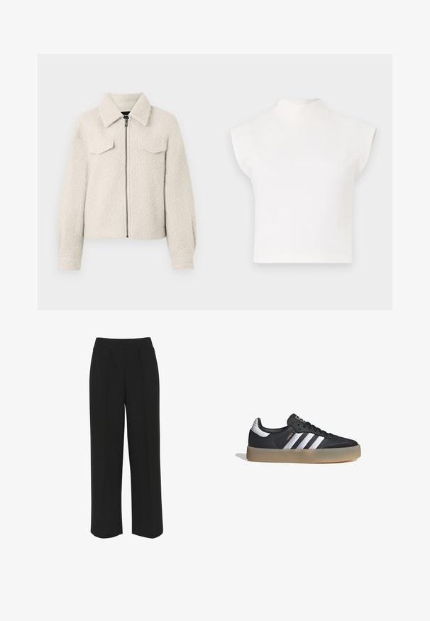 Chaqueta texturizada color crema con cremallera frontal, dos bolsillos de solapa en el pecho, mangas largas y cuello doblado.; Top corto blanco con un alto cuello tipo mock y mangas anchas y angulares. Está hecho de una tela suave, sin patrones ni adornos visibles.; Pantalones de pierna ancha negros con una cinturilla plana, que presentan pliegues delanteros y una textura suave. Sin bolsillos ni herrajes visibles.; Zapatilla deportiva de cuero negro con tres rayas plateadas, punta texturizada y suela de goma. Cuenta con un collar acolchado y un diseño con cordones.