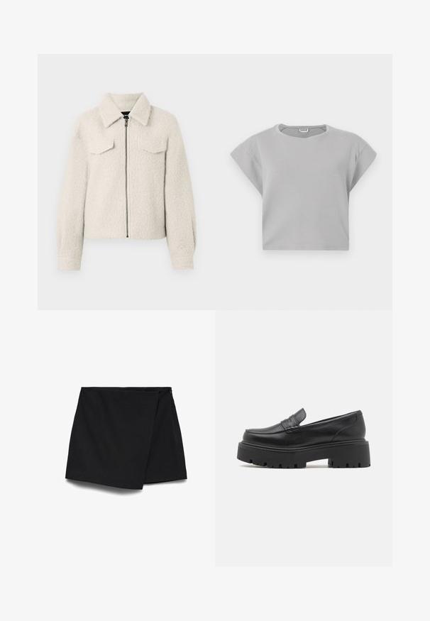 Kræmfarvet tekstureret jakke med frontlynlås, to brystlommer med klap, lange ærmer og foldet krave.; Lys grå cropped sweatshirt med korte, rullede ærmer, rund halslinje og subtile sømdetaljer. Fremstillet af blødt, åndbart stof.; Sort asymmetrisk mininederdel med indpakningsfront og sidelukning med lynlås.; Sorte læder loafers med en lav, grov gummi sål, syede detaljer på overdelen og en glat overflade.