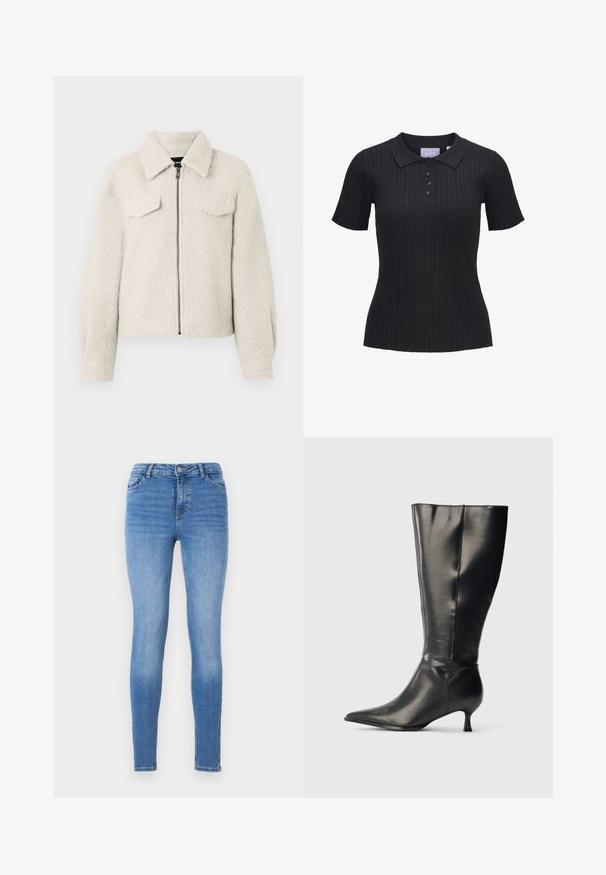 Chaqueta texturizada color crema con cremallera frontal, dos bolsillos de solapa en el pecho, mangas largas y cuello doblado.; Camiseta tipo polo negra de manga corta con tejido de punto acanalado, cuatro botones y cuello tradicional.; Jeans ajustados en denim azul claro, con una cintura de media altura, diseño de cinco bolsillos y costuras tonales con una textura suave.; Bota negra de cuero hasta la rodilla, con punta afilada y tacón bajo tipo kitten, mostrada sobre un fondo claro y sencillo.