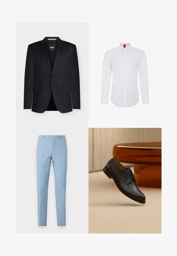 Sort skræddersyet herreblazer med notched revers, to frontlommer med klap, to-knaps lukning og BOSS-label inde i kraven.; Hvid langærmet skjorte med krave, der har en knappet front og blødt, glat stof. Ingen mønstre eller detaljer synlige.; Lysblå skræddersyede bukser med slim fit, glat tekstur, fold foran, tætsiddende talje og bæltesløjfer. Ingen synlige lommer.; Sort læder snøresko, der svæver over beige tæppe med et rundt orange bord i baggrunden.