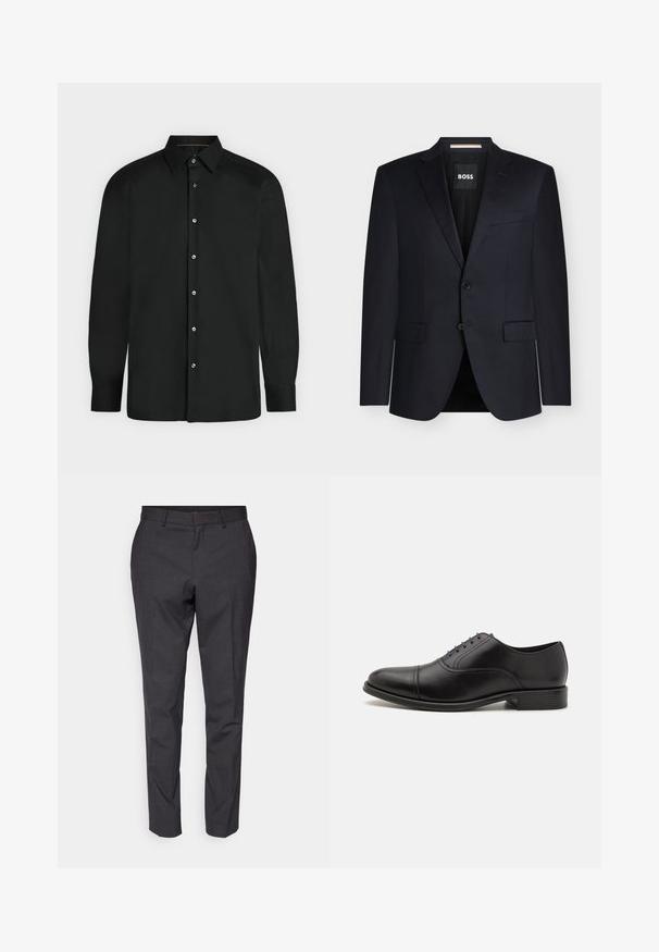 Sort skræddersyet herreblazer med notched revers, to frontlommer med klap, to-knaps lukning og BOSS-label inde i kraven.; Sort skjorte med lange ærmer, knapper foran, spids krave og knapmanchetter, vist mod en ensformet lys baggrund.; Grå skræddersyede bukser med en glat tekstur, slim fit og tapered ben, der har en flad front og bæltestropper for ekstra detaljer.; Sort lædersko med rund tå, glat overflade og subtil syning. Har blå snørebånd og en lav stakheel.
