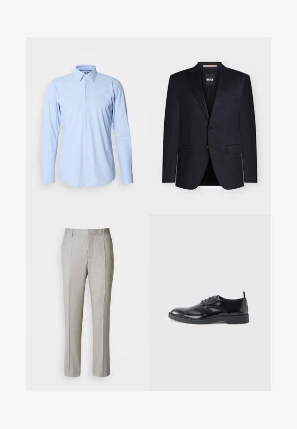 Blazer negro de hombre a medida con solapas con muesca, dos bolsillos frontales con solapa, cierre de dos botones y etiqueta BOSS dentro del cuello.; Camisa de manga larga azul claro hecha de una mezcla de algodón, con un frente abotonado, puños simples y un diseño de cuello clásico.; Pantalones de sastre gris claro hechos de una tela suave, con corte recto, pliegues delanteros y cintura clásica con trabillas para el cinturón.; Zapato de vestir negro de cuero brillante con tacón bajo, cierre de cordones y puntera redonda, mostrado de lado sobre un fondo claro y liso.