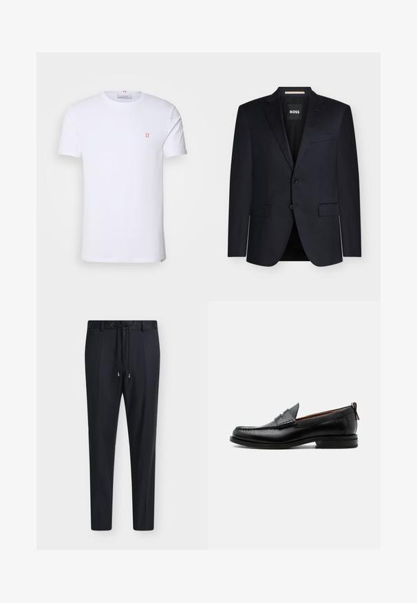 Zwarte, op maat gemaakte herenblazer met opstaande revers, twee klepzakken aan de voorkant, sluiting met twee knopen en BOSS-label binnen in de kraag.; Witte katoenen t-shirt met korte mouwen, met een klein oranje "II" logo op de linkerborst en een ronde halslijn. Eenvoudig ontwerp en textuur.; Zwarte op maat gemaakte broek met een trekkoord in de taille en subtiele voorplooien, weergegeven op een effen lichte achtergrond.; Zwarte leren herensloffen met moc toe stiksel, pennyriem, gestructureerde kraag en lage gestapelde hak op witte achtergrond.