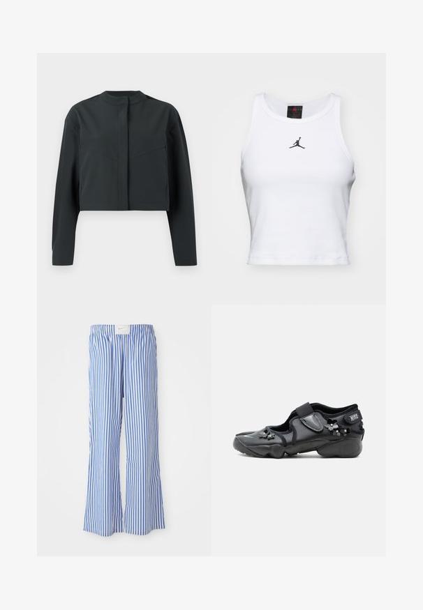 Kurz geschnittene Jacke in Dunkelgrau aus glattem Stoff. Mit hohem Kragen, langen Ärmeln und schräg verlaufenden Vordernähten für eine strukturierte Optik.; Weißes Crop-Top aus Baumwolle mit geripptem Struktur. Verfügt über ein schwarzes Jordan-Logo in der Mitte und einen klassischen Rundhalsausschnitt.; Blaue und weiße gestreifte Hose mit lockerer Passform, aus leichtem Stoff, mit elastischem Bund und einem dezenten Logo-Tag.; Schwarzer Nike Air Schuh mit Klettverschluss, verziert mit kleinen schwarzen Blumenverzierungen an der Seite und vorne.