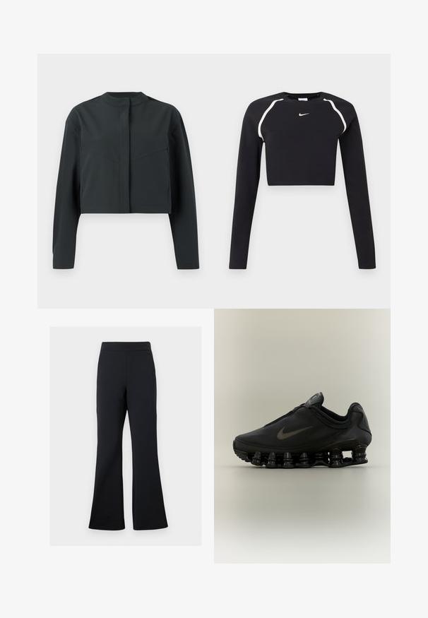 Veste courte en gris foncé, confectionnée dans un tissu lisse. Dotée d'un col montant, de manches longues et de coutures avant en biais pour un look structuré.; Haut de sport cropped à manches longues noir avec des bandes blanches incurvées sur les épaules et un petit logo Nike swoosh blanc au centre de la poitrine.; Pantalons noirs évasés en tissu doux avec une taille élastique et un détail de poche latérale discret, présentant une texture lisse et un design minimaliste.; Baskets Nike noires avec tige zippée et semelle segmentée distinctive en forme de ressort, présentées de profil sur un fond neutre.