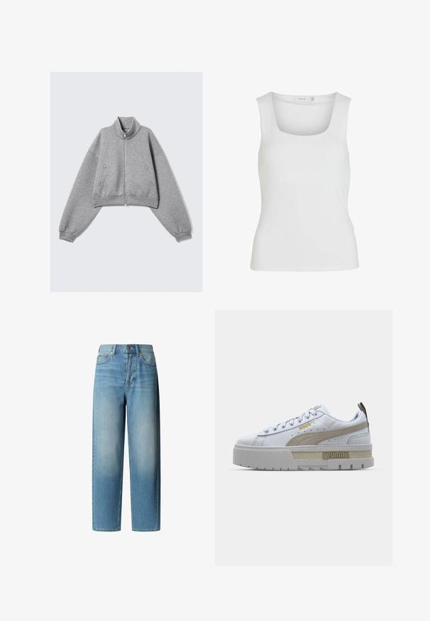 Chaqueta gris corta con cremallera, cuello alto, mangas largas y bolsillos laterales con cremallera, presentada sobre un fondo blanco liso.; Camiseta sin mangas blanca con escote cuadrado, textura suave y diseño ajustado. Fabricada con un tejido ligero.; Vaqueros de mezclilla azul claro con diseño de pierna ancha, cintura alta, dos bolsillos delanteros y desgaste en los muslos. Estilo clásico de cinco bolsillos.; Zapatilla blanca con una prominente franja beige, suela gris gruesa y detalles en dorado. Presenta cordones redondos y una lengüeta texturizada con el logo.