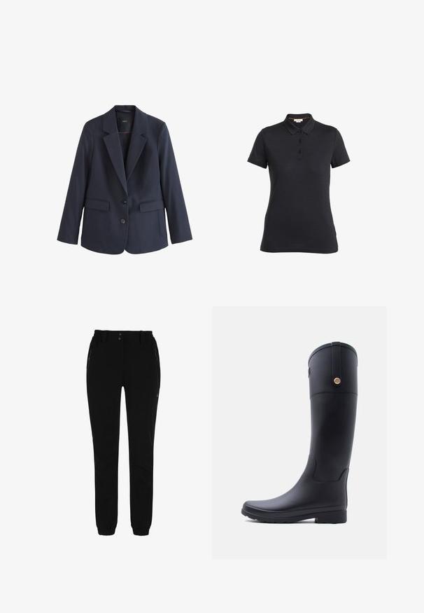 Marineblå skræddersyet blazer med hakkede revers, to forreste knapper, klaplommer og lange ærmer, vist mod en hvid baggrund.; Sort polo skjorte lavet af glat stof, med krave, tre knaplukninger og korte ærmer. Enkel design, ingen mønstre eller accenter.; Sorte bukser med elastisk talje, to sidelommer med lynlås og tapered ben med elastiske mansjetter. Lavet af et glat, holdbart materiale.; Høj sort gummistøvle med tekstureret sål og lille rundt metalemblem nær toppen på en ensfarvet lysgrå baggrund.