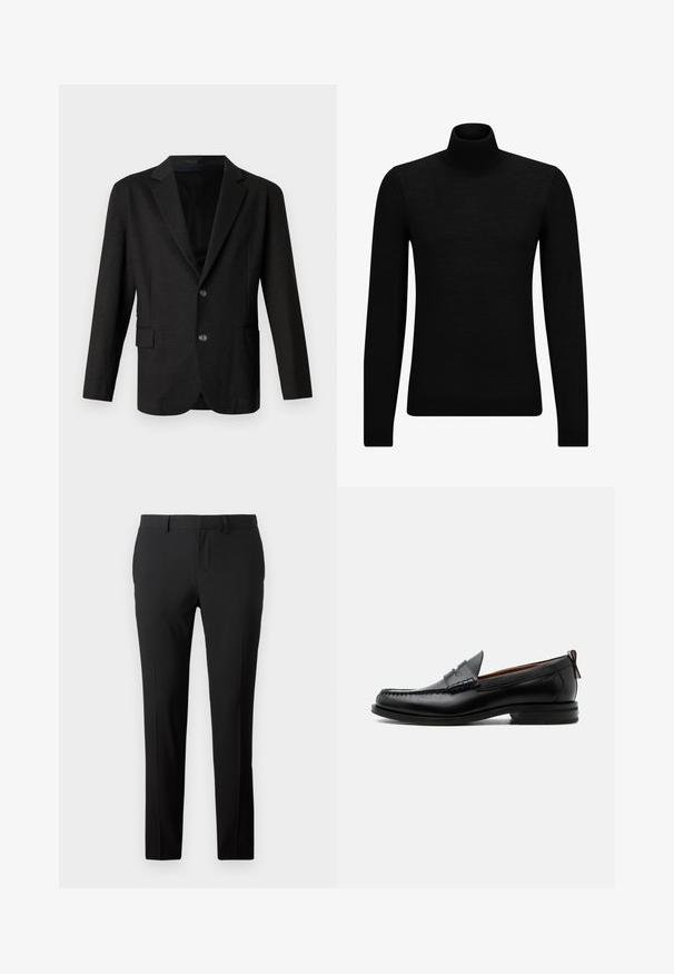 Blazer gris oscuro en un tejido suave y texturizado. Presenta un cuello con muesca, dos botones frontales y un bolsillo lateral en el lado izquierdo.; Jersey de cuello alto negro hecho de un material suave, con mangas largas y un ajuste ceñido. Ribete acanalado en el dobladillo y los puños. Diseño simple.; Pantalones negros a medida en una tela suave. Presentan un diseño de pierna recta, pliegues frontales y trabillas para cinturón para un tamaño ajustable.; Mocasín de hombre de piel negra con costura moc toe, tira penny, cuello texturizado y tacón bajo apilado sobre fondo blanco.