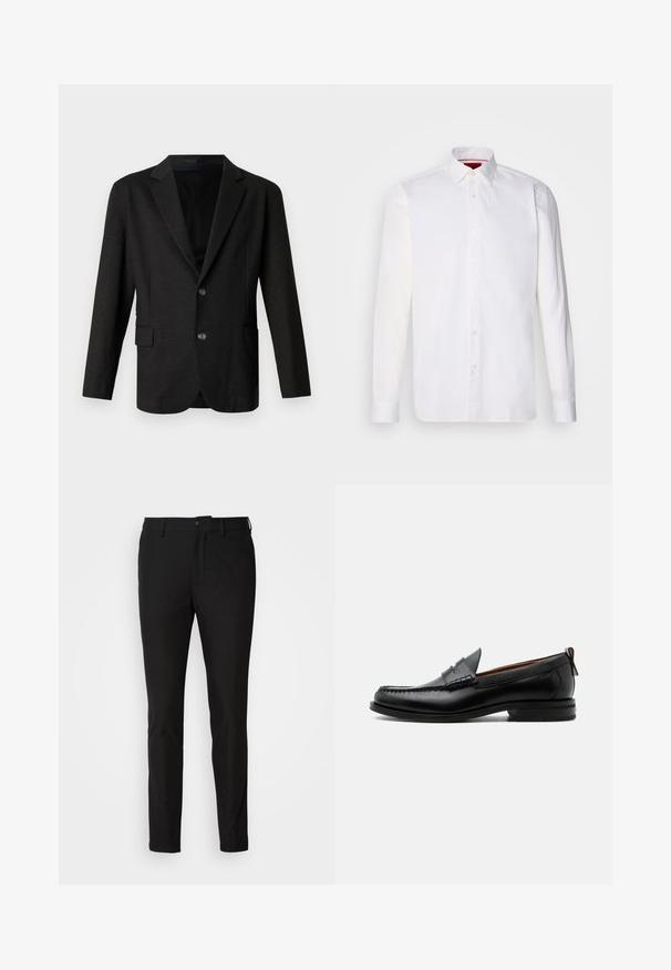 Blazer gris foncé en tissu lisse et texturé. Il présente un revers cranté, deux boutons à l'avant et une poche simple sur le côté gauche.; Chemise blanche à manches longues en coton, avec un col classique, une patte de boutonnage à l'avant et une texture lisse. Détail rouge à l'intérieur du col.; Pantalon noir ajusté, avec une fermeture à bouton, une braguette zippée et deux poches avant. Tissu lisse avec un fini mat.; Mocassin homme en cuir noir avec couture moc toe, bride penny, col texturé et petit talon empilé sur fond blanc.