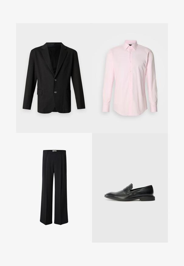 Mørkegrå blazer i et glat, tekstureret stof. Har en spidse lapels, to forreste knapper og en enkelt lomme på venstre side.; Lyserød skjorte med knaplukning, lange ærmer, klassisk krave og glat bomuldsstof. Har lyse knapper langs knapstolpen.; Sorte skræddersyede bukser med vide ben, frontknap, lynlås, bæltestropper og diskrete forkanter.; Sorte læder loafers med en glat tekstur, spids tå og lav rektangulær hæl. Har vandret remdetalje på overdelen.