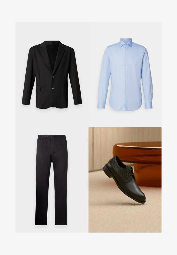 Mørkegrå blazer i et glat, tekstureret stof. Har en spidse lapels, to forreste knapper og en enkelt lomme på venstre side.; Lyseblå langærmet skjorte med knapper lavet af vævet stof. Har en spids krave, knapfront og et minimalistisk logo på brystet.; Sorte bukser med elastisk talje og snor. Har en glat tekstur og lige ben-design. Minimalistisk stil uden mønstre.; Sort lædersko med vævede sidepaneler og snørebånd, placeret over beige tæppe nær et rundt brunt bord.