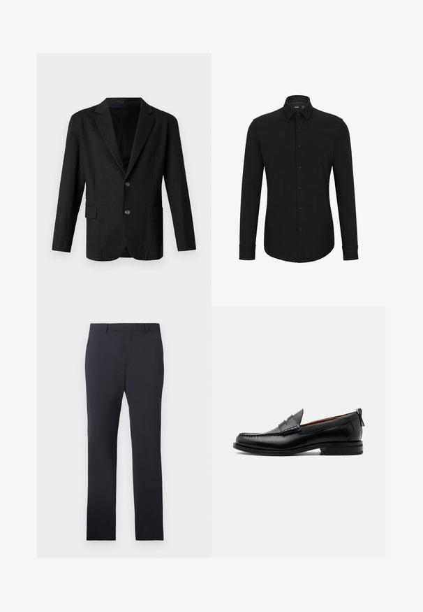 Mørkegrå blazer i et glat, tekstureret stof. Har en spidse lapels, to forreste knapper og en enkelt lomme på venstre side.; Sort langærmet skjorte lavet af struktureret stof, med knaplukning fortil, spidse kraver og buet kant.; Marine formelle bukser lavet af glat stof. Har en flad front, bæltesløjfer og sidelommer, med en skræddersyet lige pasform.; Sort læder herre loafer med moc-tå syning, penny strop, struktureret krave og lav stablet hæl på hvid baggrund.