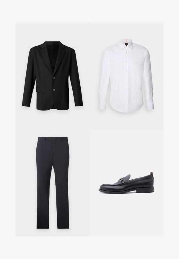 Tumehall blazer siledast, tekstureeritud kangast. Omab nurgelise kraega, kahte esit nööpi ja ühte taskut vasakul küljel.; Valge pikakä sleeve'iga nööbitav särk, valmistatud puuvillast, klassikalise kraega, kerge logoga rinna lähedal ja valged nööbid.; Merineeri formaalsed püksid, mis on valmistatud siledast kangast. Omavad litse ees, vööloopse ja küljetaskuid, keha järgi kohandatud sirge jalaga lõikega.; Mustast nahast mokassiin halli tekstuuriga pealse ja hõbedase metallist pandlaga, madala kontsaga ja tagant tõmblukuga.